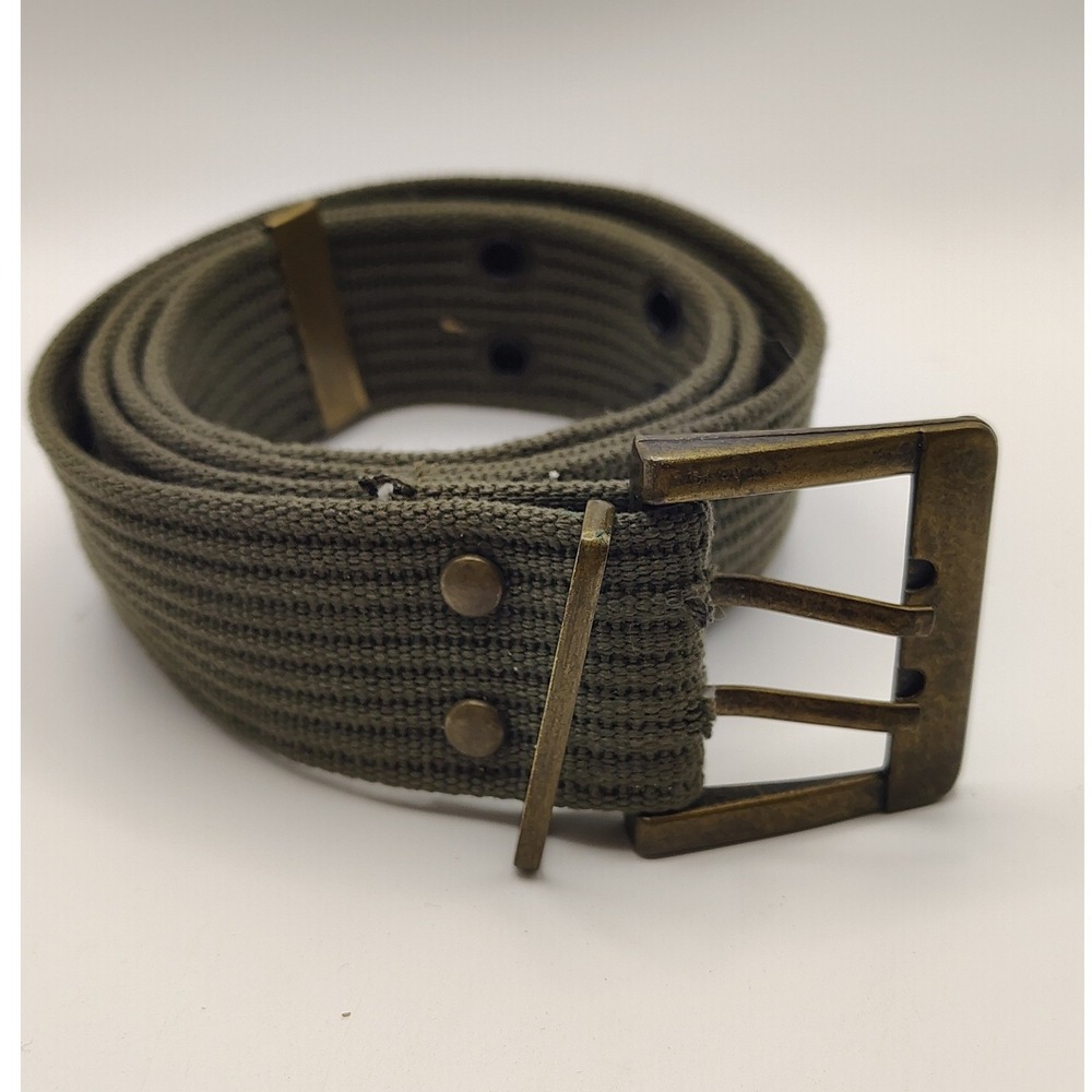 Olive Green Canvas Web Belt Double Grommet Brass Buckle Military Style 40 Inch